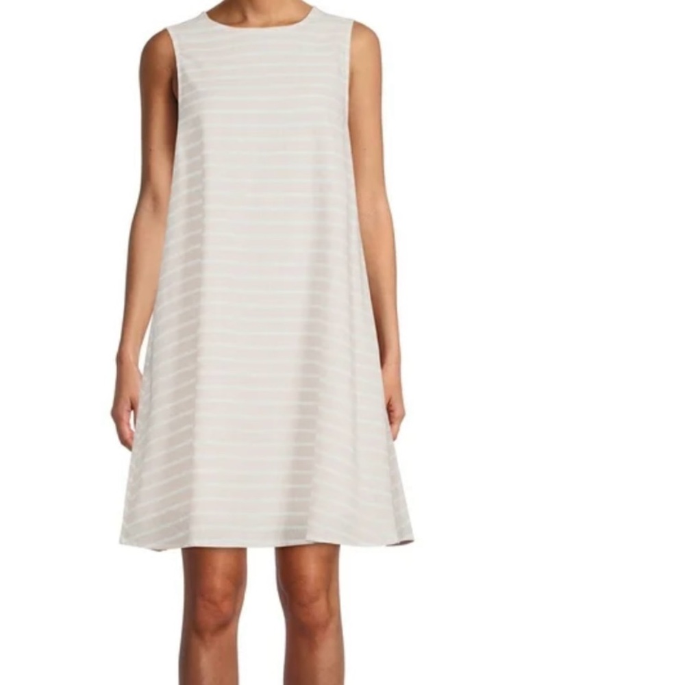 Beach Lunch Lounge Sleeveless Linen Blend Tan and White Striped Swing Dress Sz L